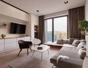 Fototapeta premium Compact studio apartment with space-saving furniture and multifunctional design