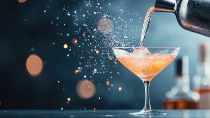 A cocktail being poured into a stylish glass, creating splashes, captured in a vibrant setting with blurred background lights.