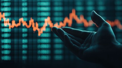 A hand reaches out, showcasing a data graph with fluctuating lines, representing financial growth, market trends, and investment opportunities on a digital background.
