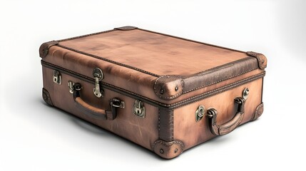 Vintage Brown Leather Suitcase with Bronze Hardware Against Plain White Background
