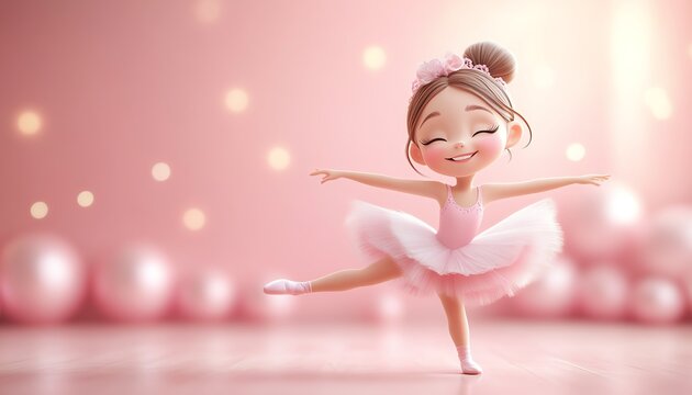 Fototapeta Adorable cartoon ballerina dancing joyfully in a pink outfit, expressing happiness and gracefully posing with a smile