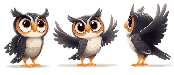 Fototapeta premium Cute cartoon owl character in multiple angles for kids illustration and educational materials
