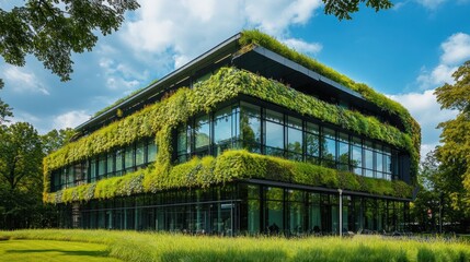 Fototapeta premium Photograph a building with a green roof, covered in plants to reduce heat and promote urban biodiversity. 