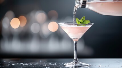 A refreshing pink cocktail being poured into a stylish martini glass, garnished with fresh mint leaves, showcasing a delightful blend perfect for any celebration.