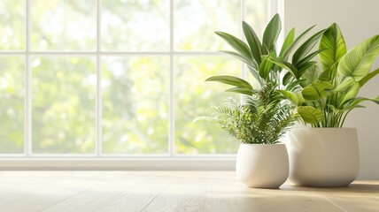 Fototapeta premium A serene indoor setting with lush green plants in elegant white pots, bathed in natural light from a large window, creating a refreshing atmosphere.