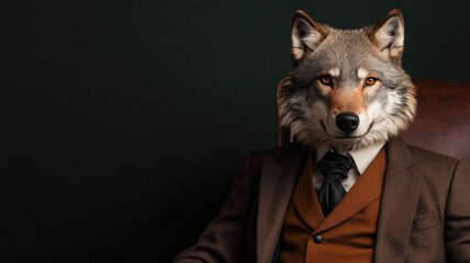 A surreal depiction of a man in formal attire with a wolf's head, sitting in an elegant chair against a dark background, blending the themes of humanity and animalism.