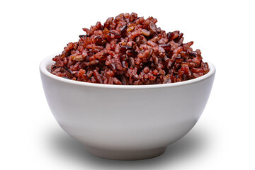 Closeup view of steamed riceberry in white ceramic bowl isolated on white background with clipping path.