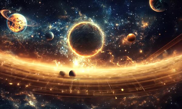 A cosmic scene blending planets and musical notes, symbolizing harmony in the universe.