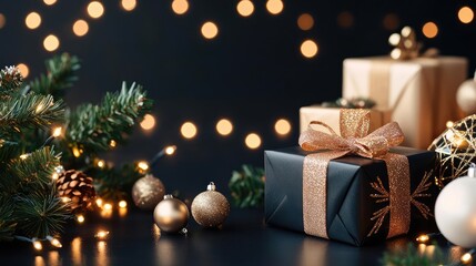 Sleek black holiday layout, subtle festive decorations with clean lines and glowing accents, modern Christmas background design