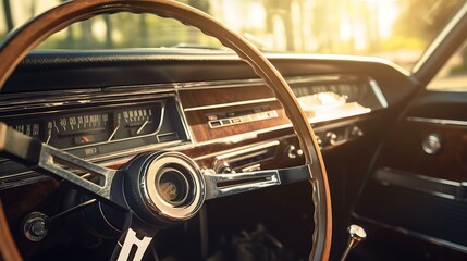 Classic car dashboard from the 1970s, analog dials and a wooden steering wheel, soft sunlight through the window