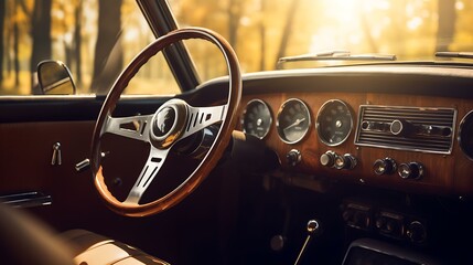 Classic car dashboard from the 1970s, analog dials and a wooden steering wheel, soft sunlight through the window