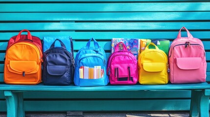 Photograph a collection of colorful and trendy backpacks arranged on a bench, with each bag filled with school supplies and ready for a new school year. 