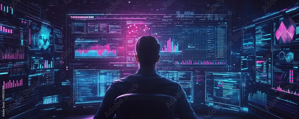 Poster Businessman with data management system by AI artificial intelligence technology to make report with KPI and metrics connected to database finance
