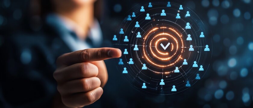 Customer relationship management concept Target audience, marketing plan and strategies Businessman holding target icon linked with human icons for customer focus group