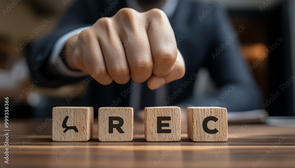 Poster Option to approve or reject on wooden blocks with businessman working in background Document approval , project assessment evaluation acceptance, and quality assurance