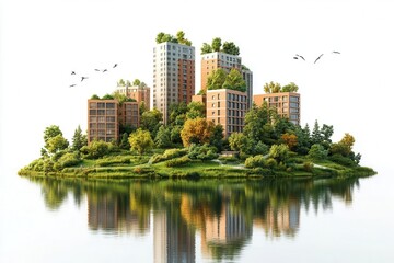 A modern cityscape on a lush island, surrounded by water, showcasing harmony between nature and urban living.