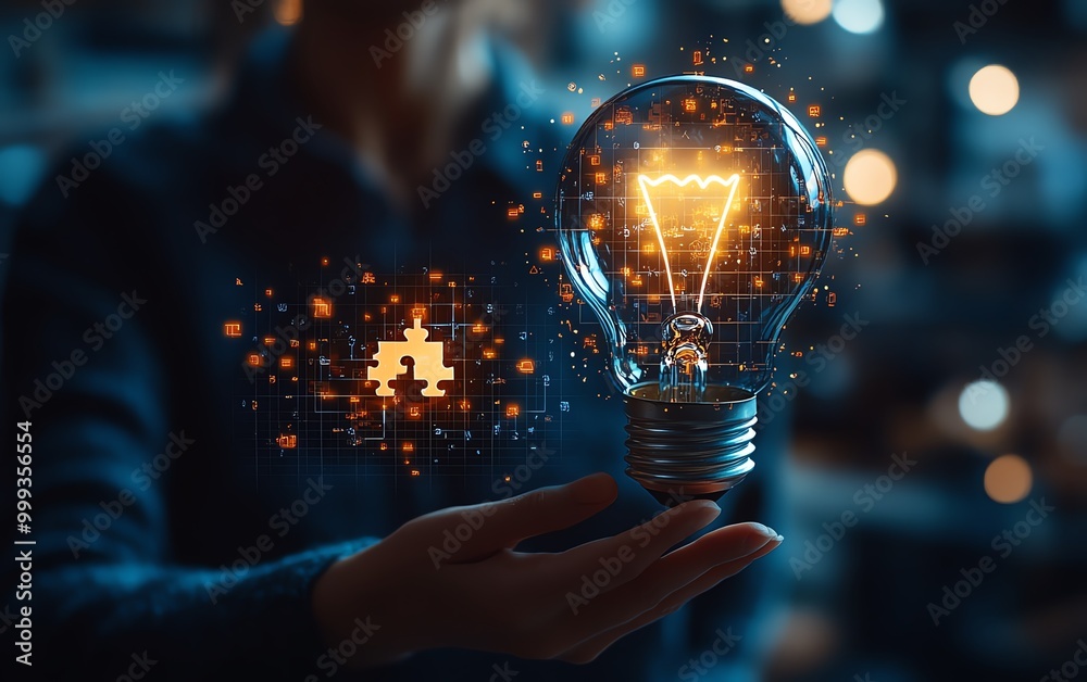 Poster Problem solving strategy technique and solution concept, Person holding light bulb with jigsaw icon on virtual screen