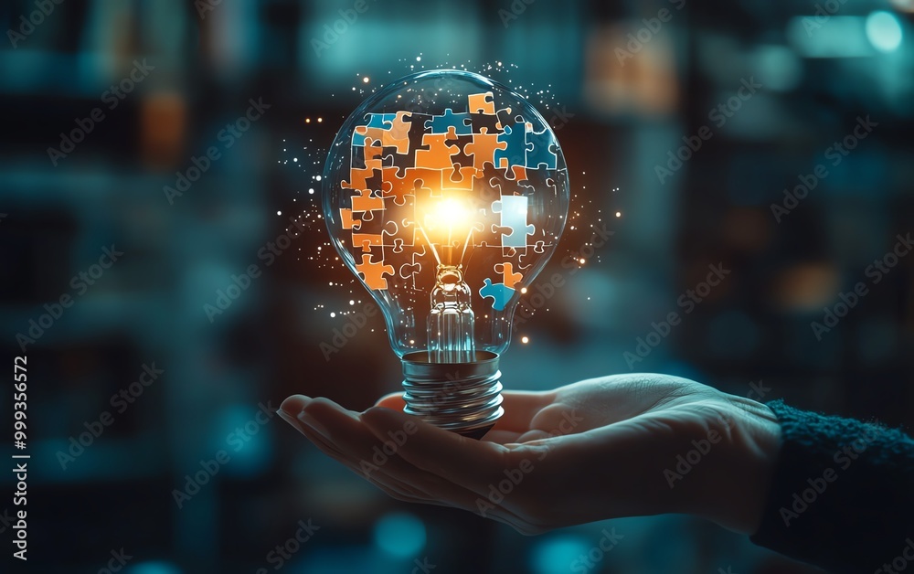 Leinwandbilder Problem solving strategy technique and solution concept, Person holding light bulb with jigsaw icon on virtual screen