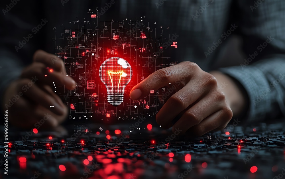 Poster Problem solving strategy technique and solution concept, Person holding light bulb with jigsaw icon on virtual screen