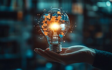 Problem solving strategy technique and solution concept, Person holding light bulb with jigsaw icon on virtual screen