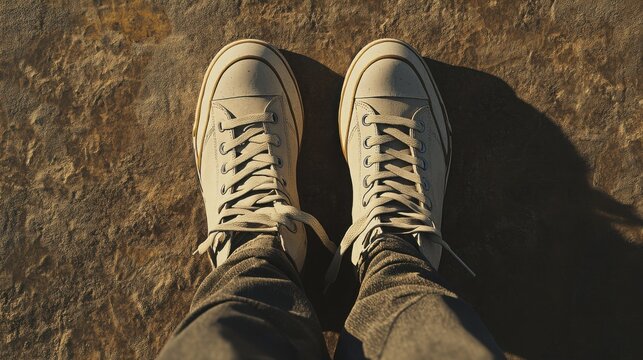 two pairs of feet wearing matching sneakers, standing side by side