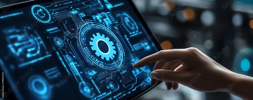 Poster rpa, business robotic process automation concept person with gear icon on virtual screen for improve