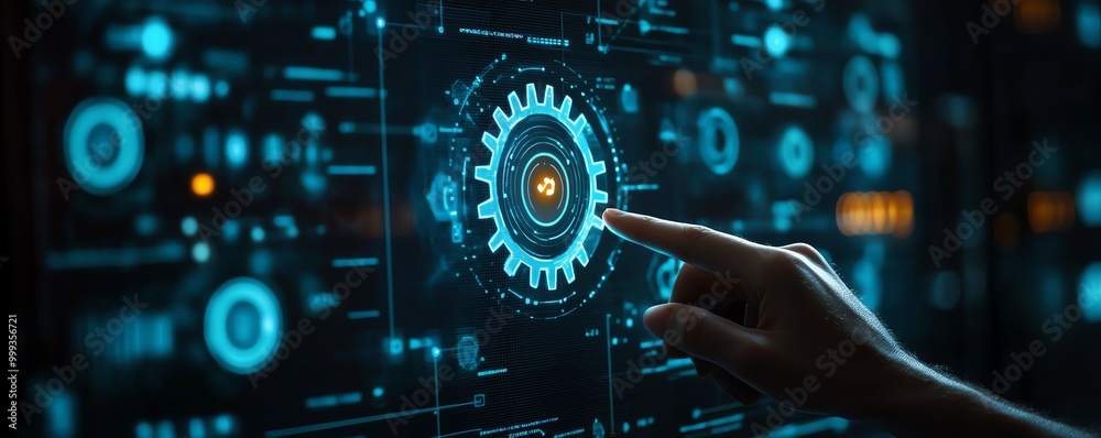 Aufkleber RPA, Business robotic process automation concept Person with gear icon on virtual screen for improve productivity and management efficiency