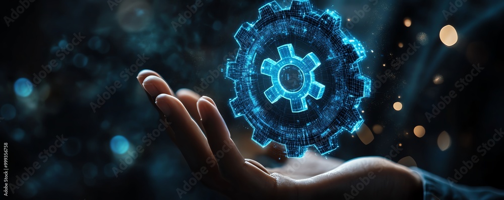 Poster RPA, Business robotic process automation concept Person with gear icon on virtual screen for improve productivity and management efficiency