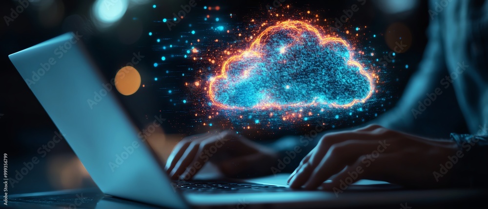Aufkleber Secure access to data on cloud Person use laptop with cloud computing technology that provides online network services, applications, server systems, Storage, networking