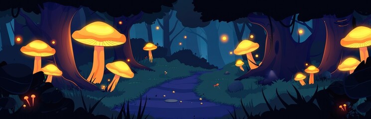 Glowing Mushrooms Illuminate a Dark Forest Path