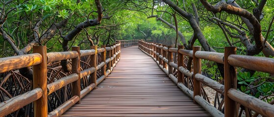 Wooden walkway through mangrove forest.