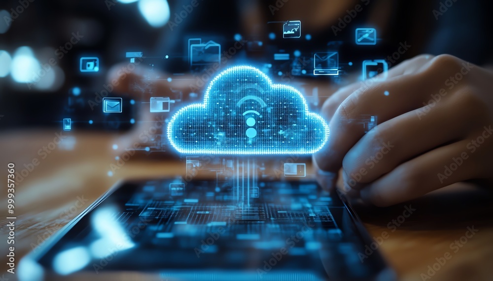 Leinwandbilder Download processing data concept Downloading data from cloud storage Person using smartphone with downloading bar on virtual screen for download files
