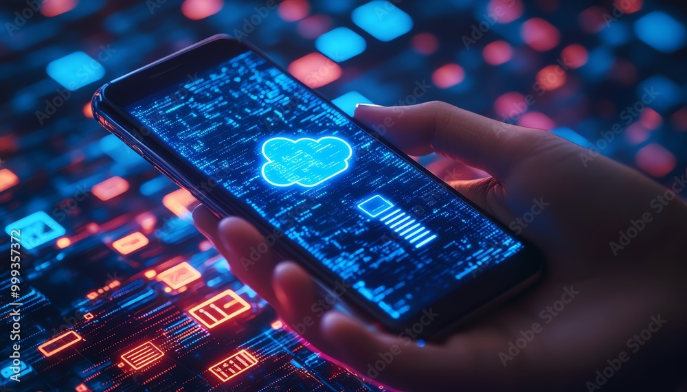 Aufkleber Download processing data concept Downloading data from cloud storage Person using smartphone with downloading bar on virtual screen for download files