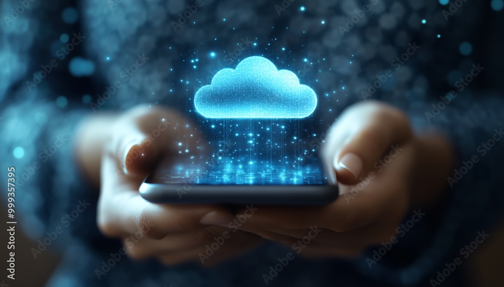 Poster Download processing data concept Downloading data from cloud storage Person using smartphone with downloading bar on virtual screen for download files