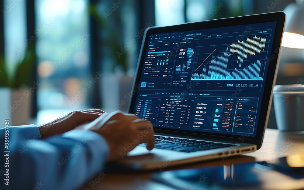 Poster key performance indicators KPIs concept Tracking performance, setting goals and making decisions Businessman use laptop with KPI icons on virtual screen
