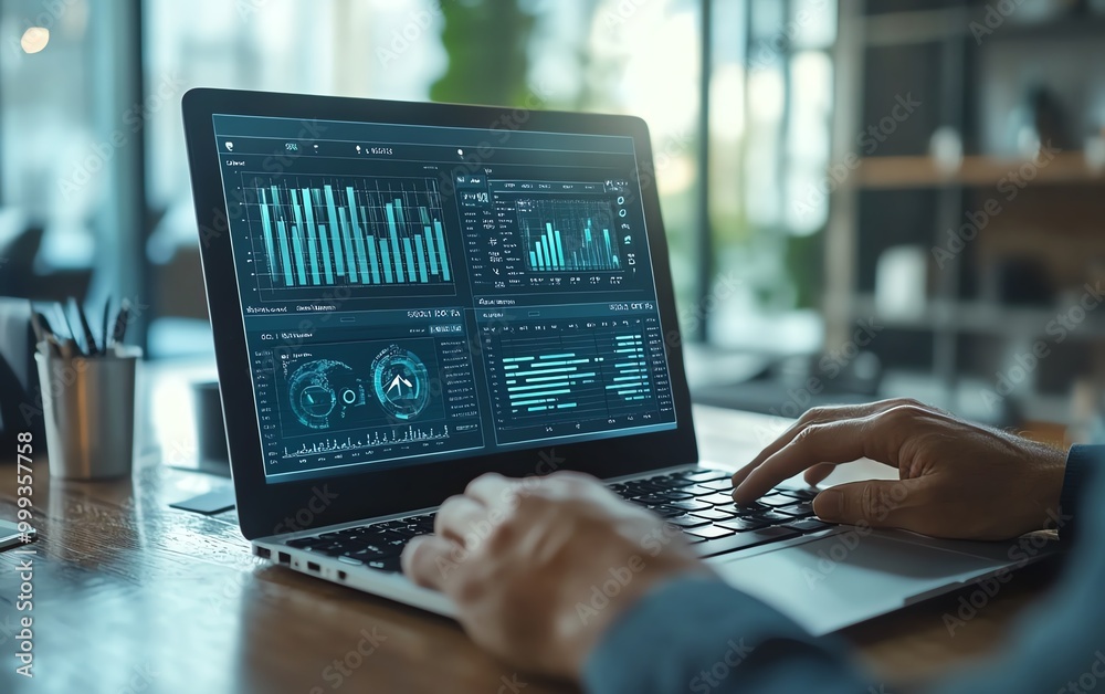 Poster key performance indicators KPIs concept Tracking performance, setting goals and making decisions Businessman use laptop with KPI icons on virtual screen
