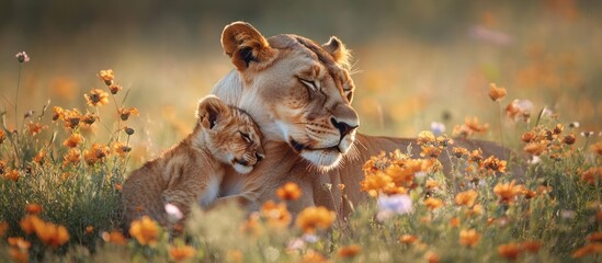 Obraz premium A lioness rests in a field of wildflowers, her cub nestled beside her.