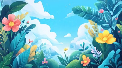 Lush Green Foliage and Bright Flowers Against a Blue Sky with Clouds