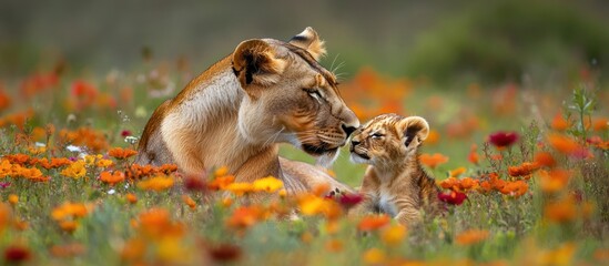A lioness nuzzles her cub in a field of colorful flowers.