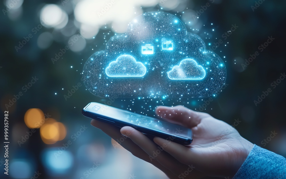 Aufkleber Backup concept, Businessman use smartphone with virtual Cloud backup icon for data backup management Online digital data storage and connection service