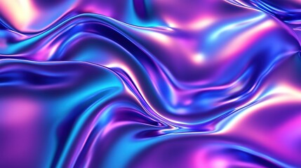 Obraz premium Metallic liquid background. Abstract neon texture. Rainbow 3d holographic foil. Wavy glossy surface in blue and purple colors
