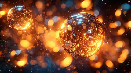 Glowing golden liquid bubbles gently surrounding a molecule, casting reflections in a futuristic 3D design