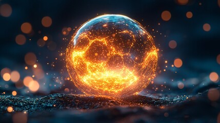 A molecule inside a glowing golden bubble, softly illuminated in a calm, minimalistic environment