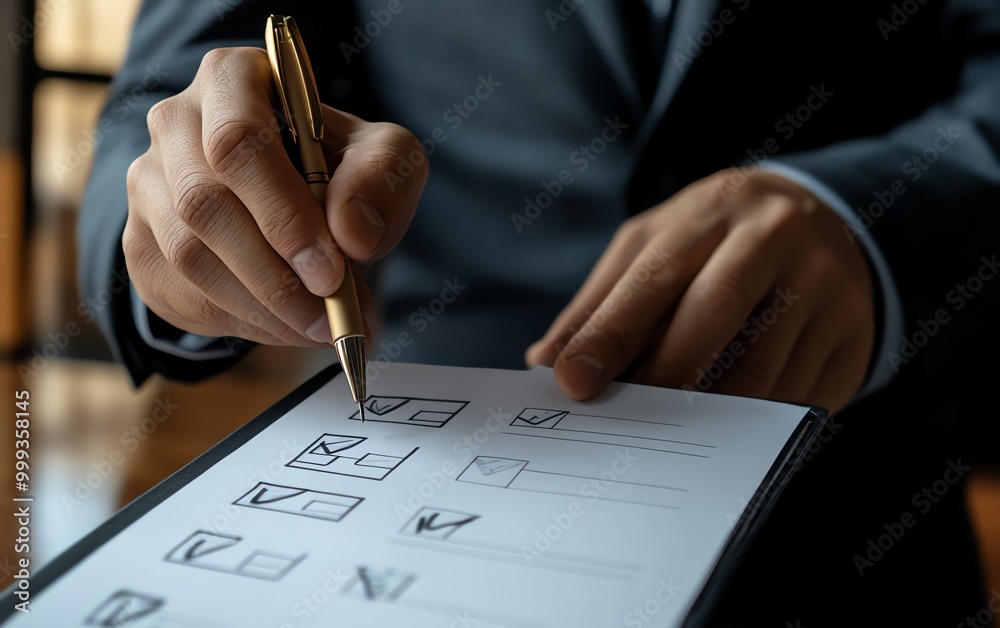 Aufkleber businessman with business performance document checklist and approves business project business eval