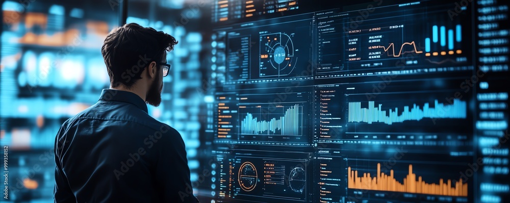 Poster Businessman with business analytics and data management system on virtual screen Business data analytics and process automation management with icon of KPI financial charts and gra