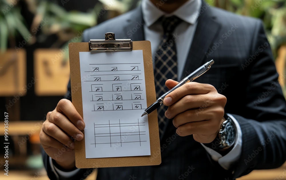 Aufkleber businessman with business performance document checklist and approves business project business eval