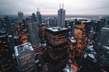 Fototapeta premium A city skyline with many tall buildings and a snowy landscape