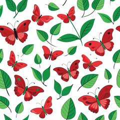 Bright red butterflies flutter alongside lush green leaves creating a cheerful pattern that reflects the beauty of nature in a vibrant garden atmosphere