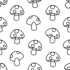 Naklejka premium Delightful pattern of little mushrooms repeated seamlessly across a white background perfect for crafting textiles or playful designs