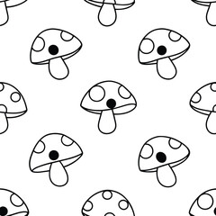 A delightful seamless pattern features cute little mushrooms with polka dots against a bright white background ideal for various creative projects